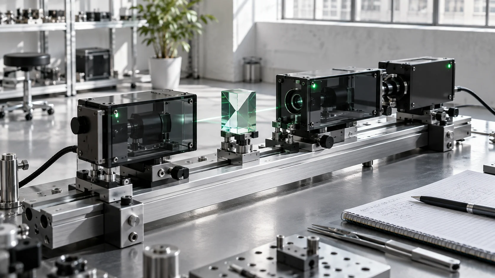 Conceptual studio image of precision instruments and an emerald prism